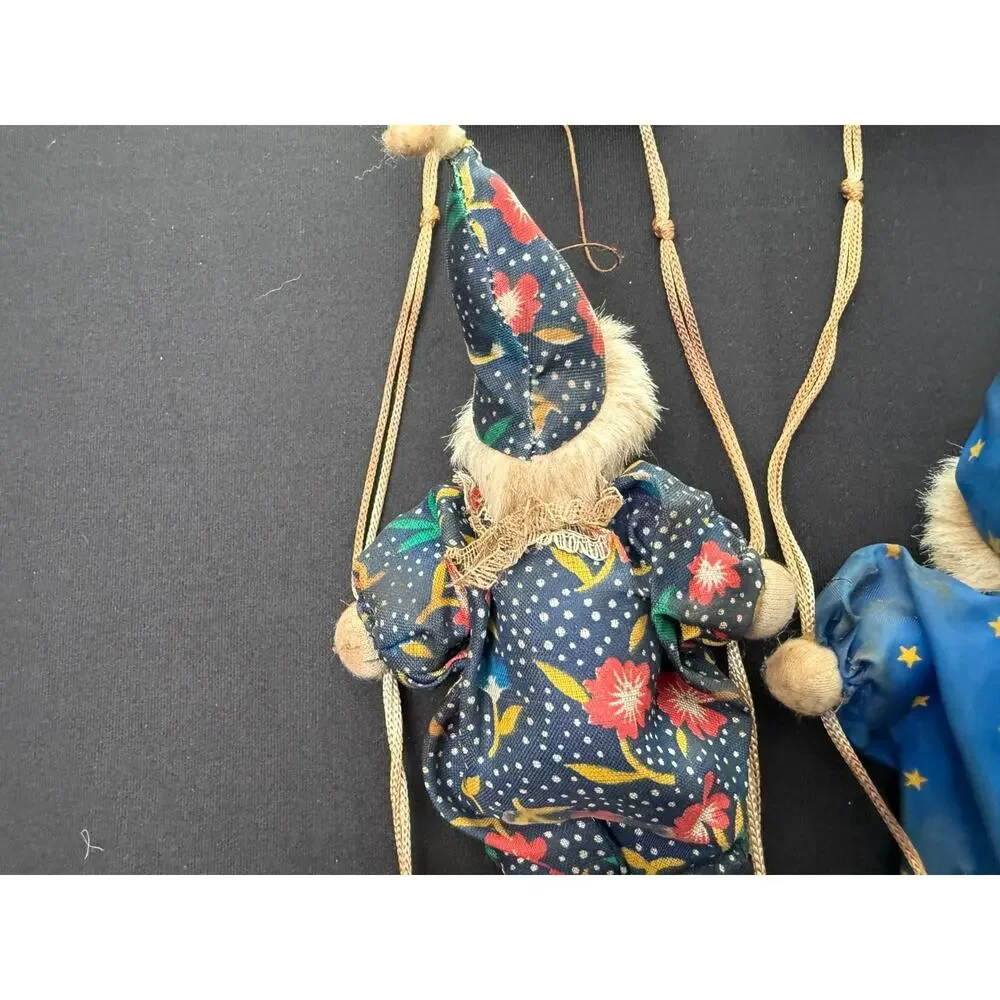 Pair of Vintage Hanging Porcelain Face Clowns Wooden Swings Star Floral Fabric